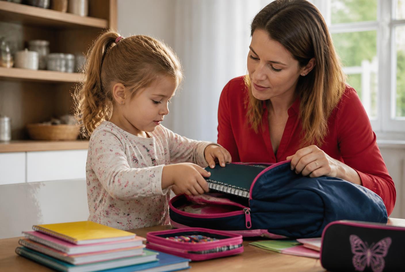 Madre e hija organizando juntas la mochila y los materiales escolares en casa